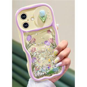 Iphone 16 Pro Plus Max  Cute Flower Tulip Liquid Glitter Phone Case Camera Cover